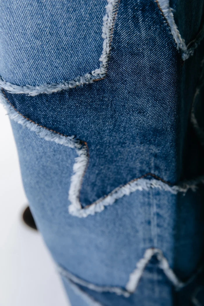 COLOURFUL REBEL JEANS ZADIE STAR STUDDED WIDE LEG MID BLUE DENIM