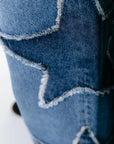 COLOURFUL REBEL JEANS ZADIE STAR STUDDED WIDE LEG MID BLUE DENIM
