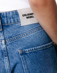 COLOURFUL REBEL JEANS ZADIE STAR STUDDED WIDE LEG MID BLUE DENIM