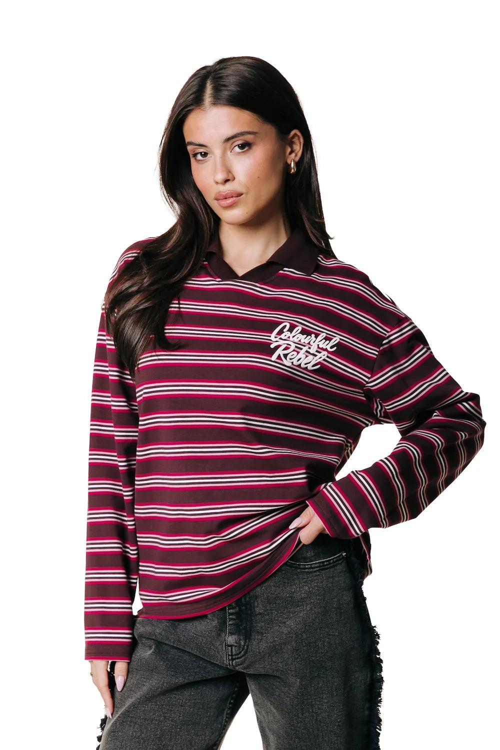 COLOURFUL REBEL SWEATER SPORT COLLAR LONGSLEEVE STRIPED SWEAT RED