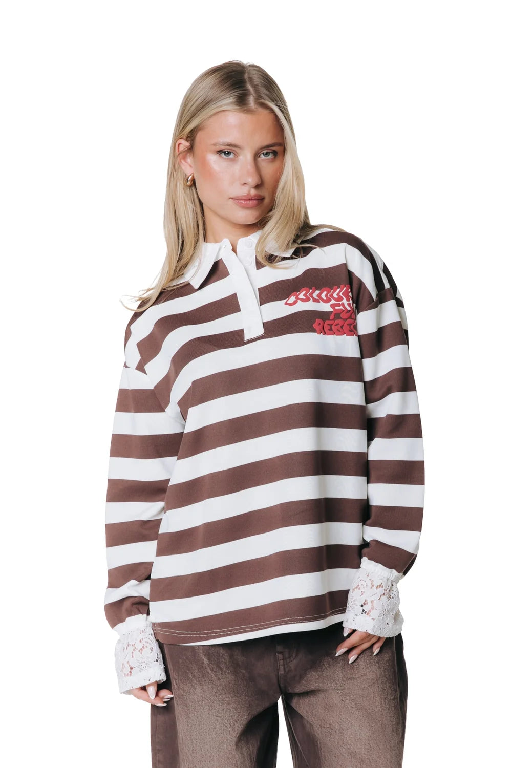 COLOURFUL REBEL SWEATER SKYLER STRIPED LACE POLO LONGSLEEVE WHITE/BROWN