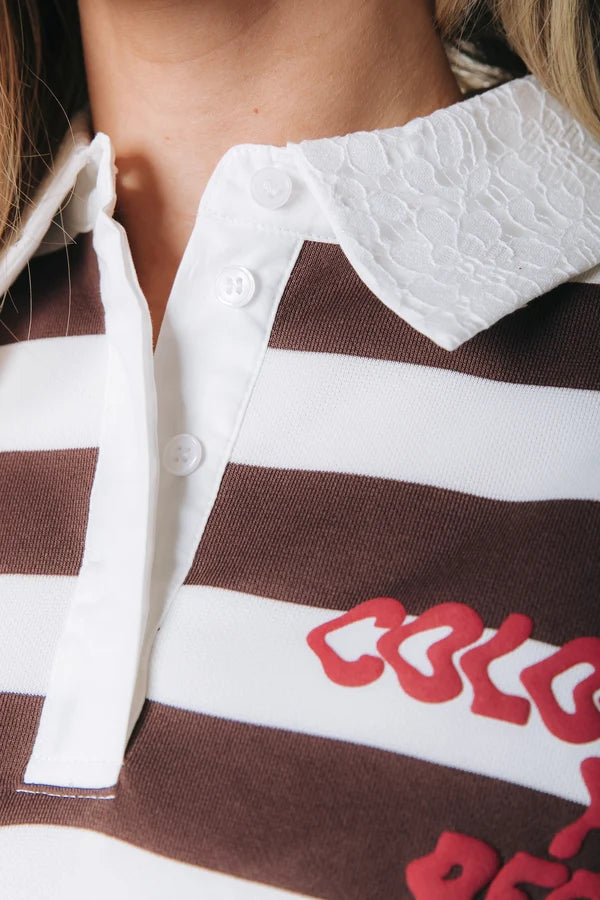 COLOURFUL REBEL SWEATER SKYLER STRIPED LACE POLO LONGSLEEVE WHITE/BROWN