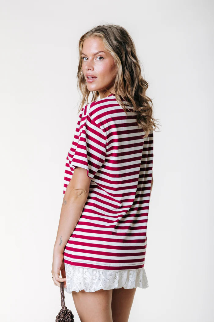 COLOURFUL REBEL T-SHIRT PUFF LOGO STRIPE LOOSEFIT DEEP BURGUNDY