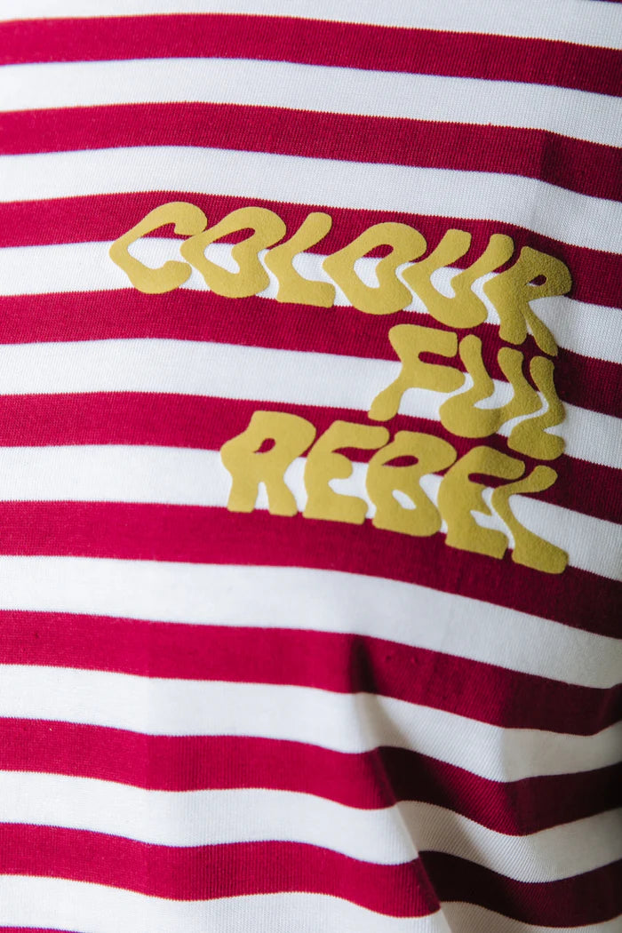 COLOURFUL REBEL T-SHIRT PUFF LOGO STRIPE LOOSEFIT DEEP BURGUNDY