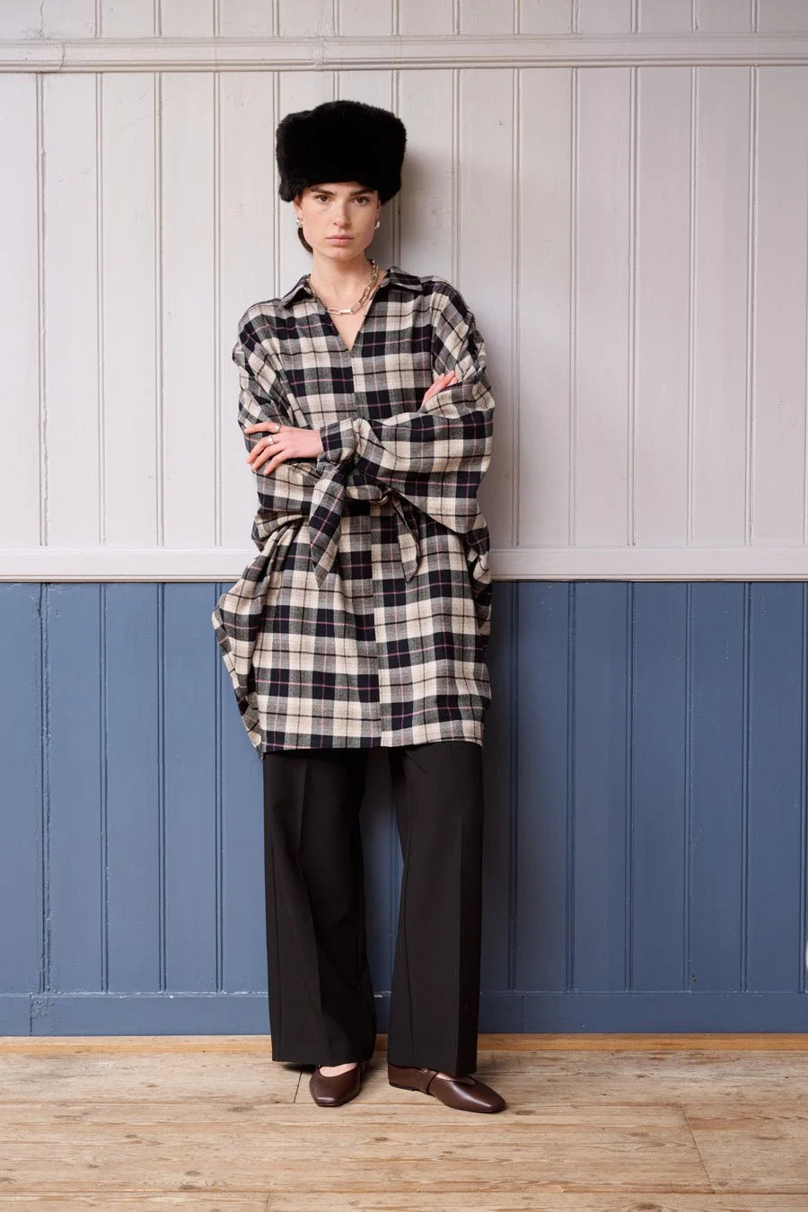 ANOTHER-LABEL JURK FRANCOISE CHECK DRESS BLACK SANDSHELL