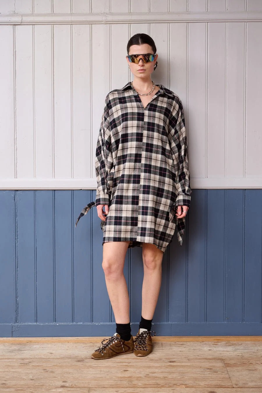 ANOTHER-LABEL JURK FRANCOISE CHECK DRESS BLACK SANDSHELL