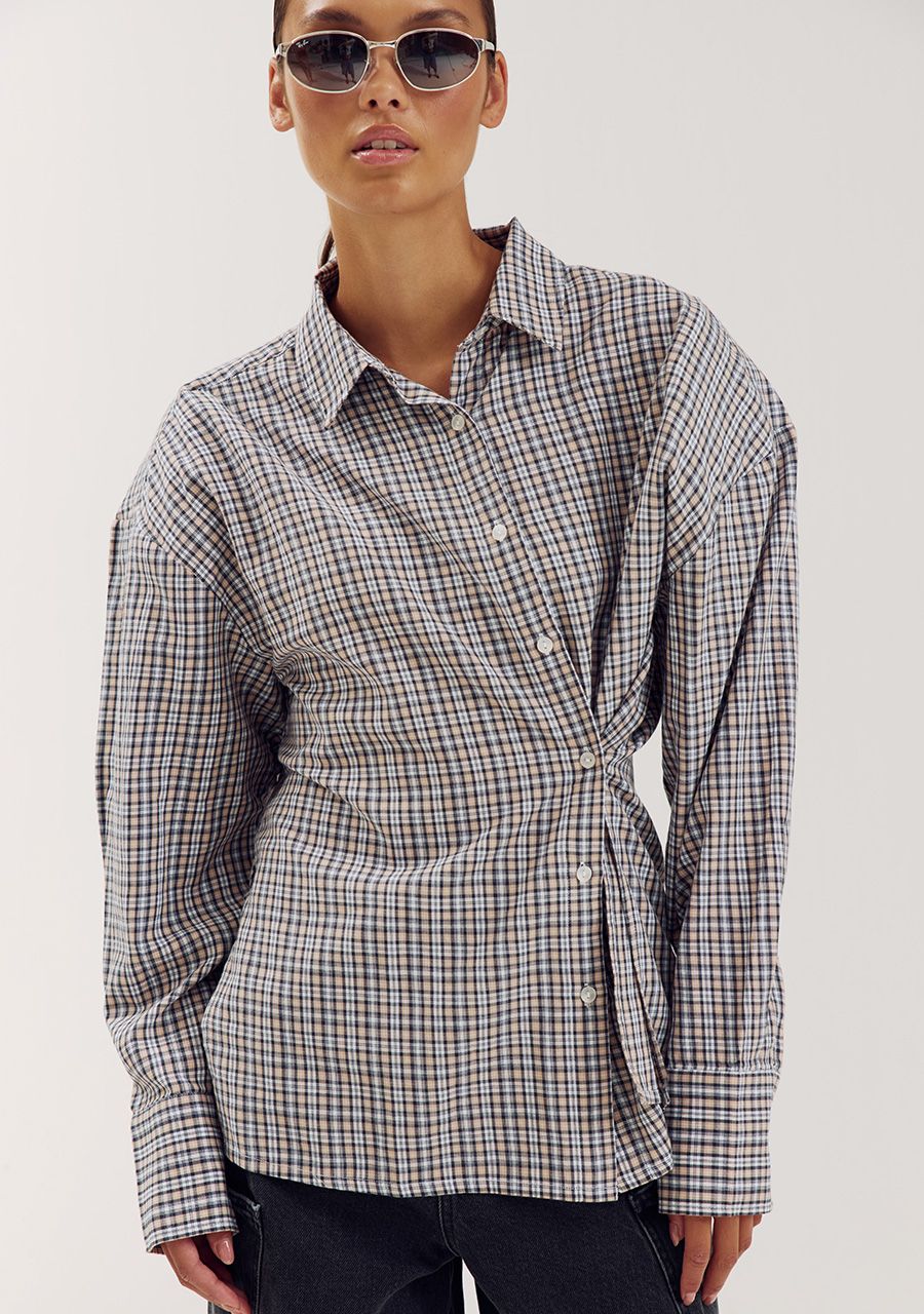 HARPER &amp; YVE BLOUSE KIM-LS MUDDY TAUPE CHECK