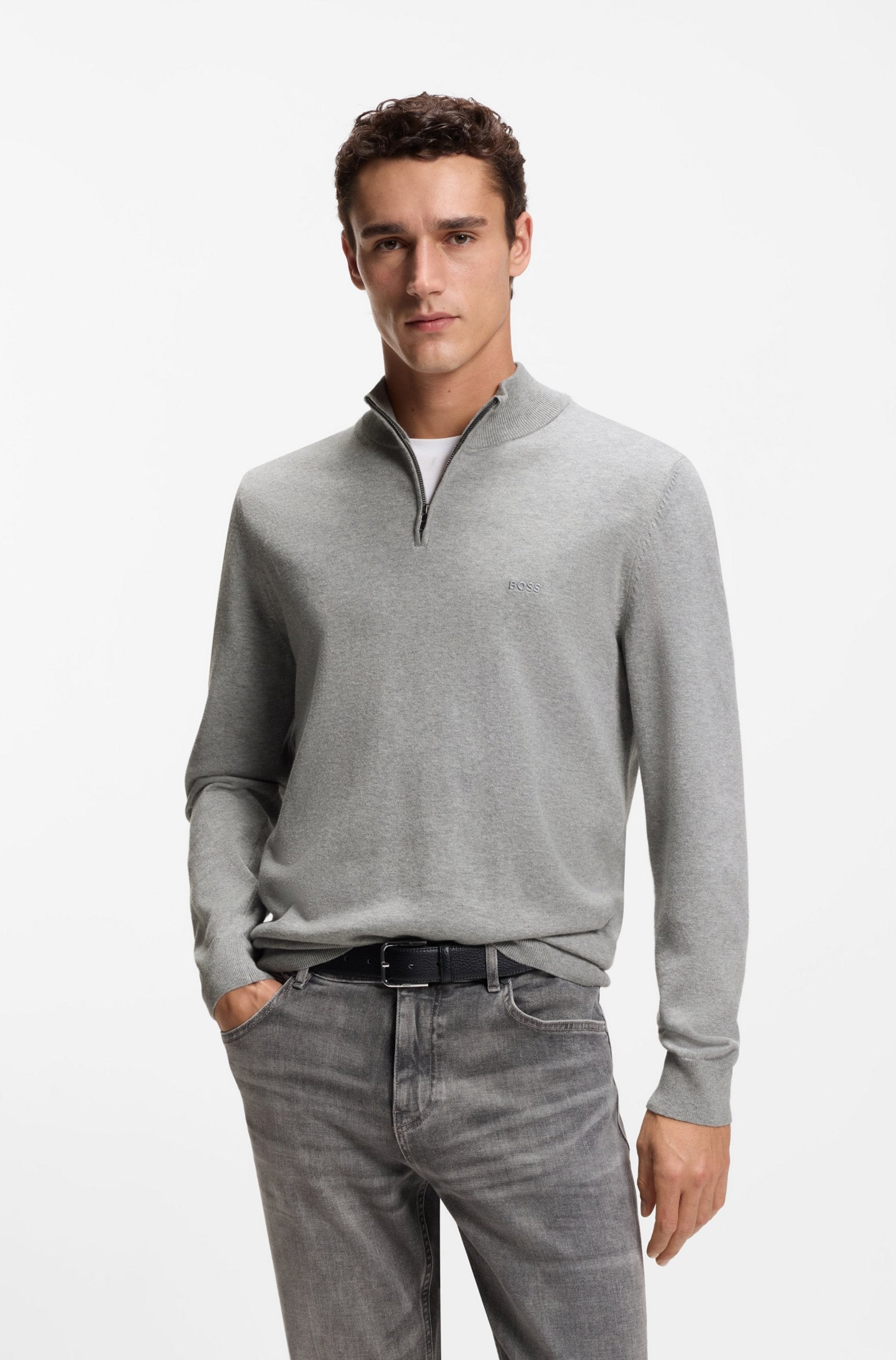 BOSS MEN PULLOVER PADRO-L ZIP NECK KNITTED COTTON SILVER