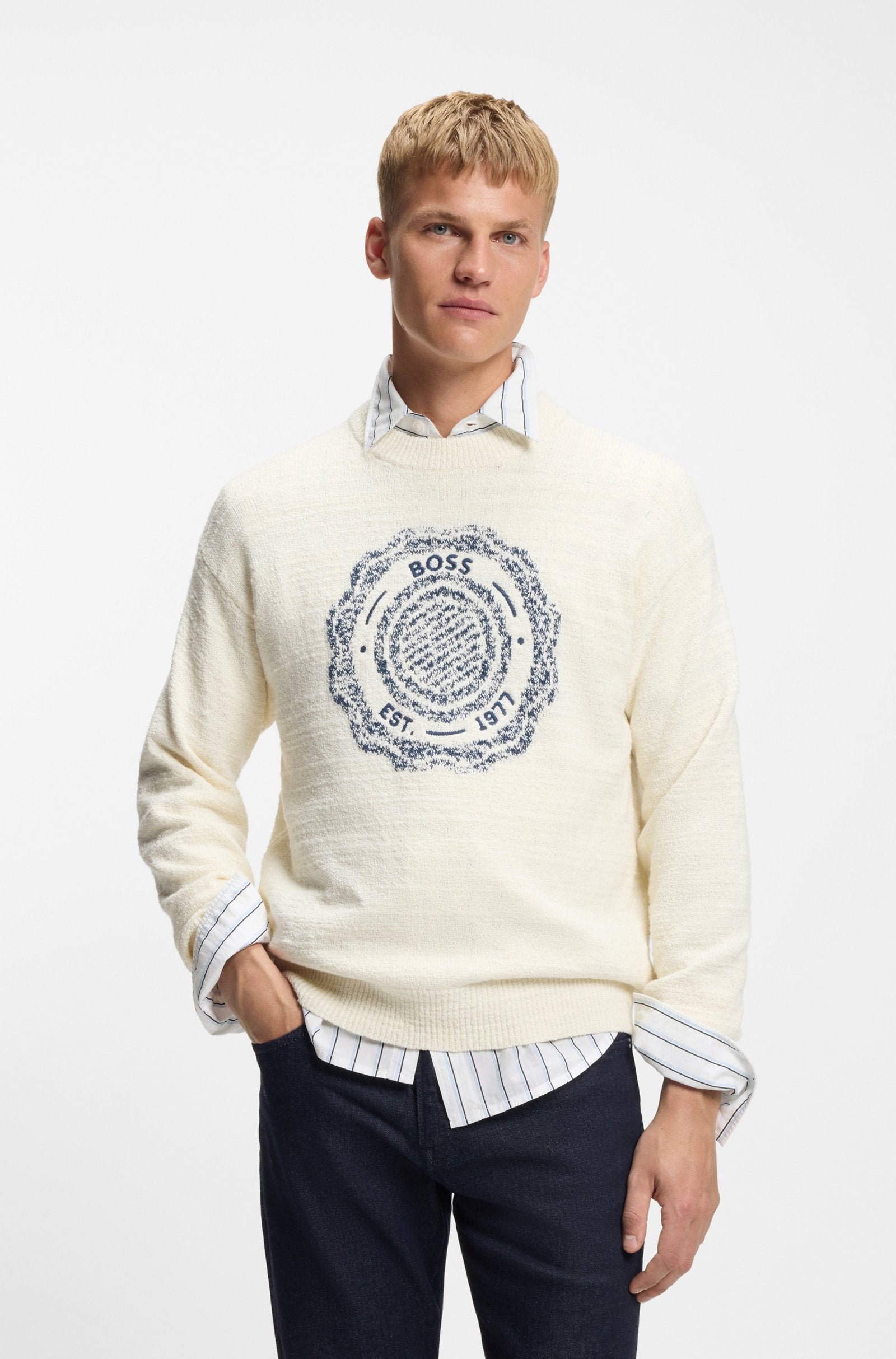 BOSS MEN PULLOVER KERBERT INTARSIA MERKEMBLEEM NATURAL